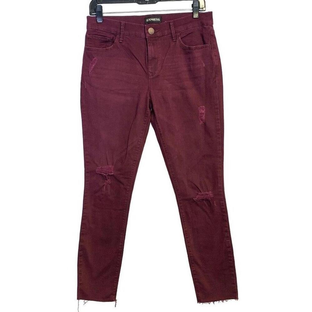 Express Ankle Legging Mid Rise‎ Women's Distressed Stretch Maroon Denim Jeans 6